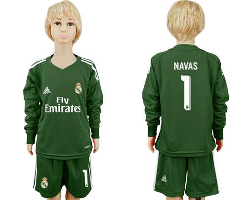 Real Madrid #1 Navas Green Goalkeeper Long Sleeves Kid Soccer Club Jersey